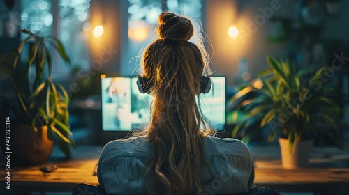Professional woman engaged in a video conference call in a modern office. Concept Modern Office, Video Conference, Professional Woman, Technology, Business Attire