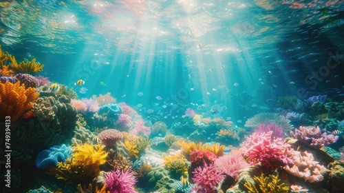 Underwater paradise of a coral reef, teeming with life, vivid colors, sunlight filtering through water - ultra-realistic © AI Farm