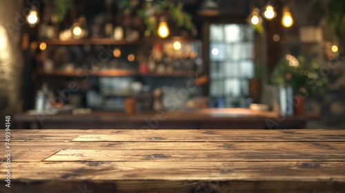 Wooden table top view for product montage over blurred kitchen interior background.