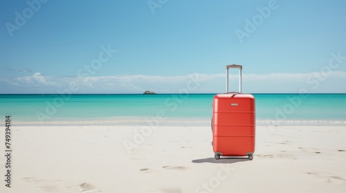 Modern suitcase on sunny beach with wheels  perfect for travel and tourism themes