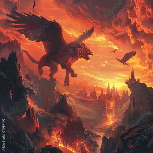 Fierce chimera prowling mythical landscapes, phoenix rising in the background, epic scene