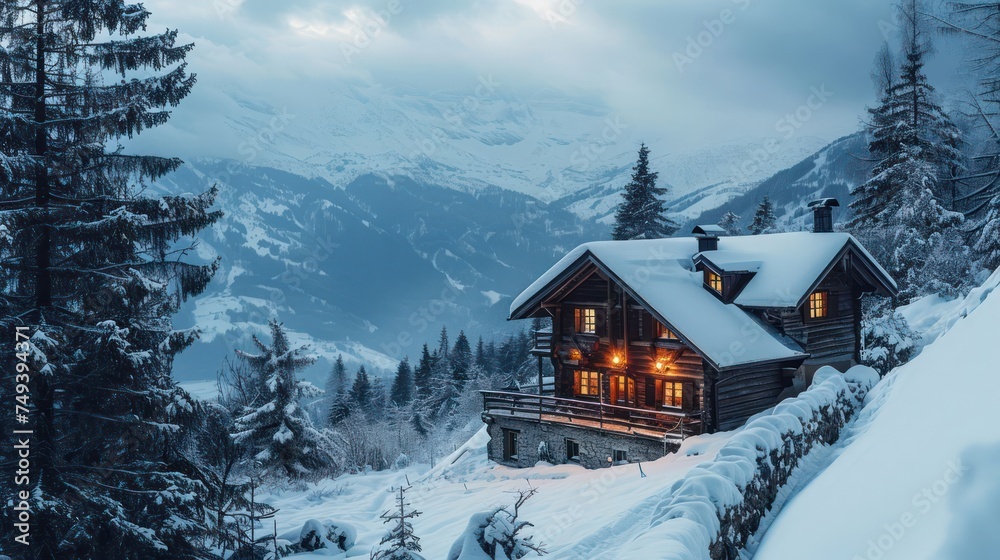 the beauty of a Mountain Chalet nestled in a snowy alpine landscape, blending rustic charm with mountain living
