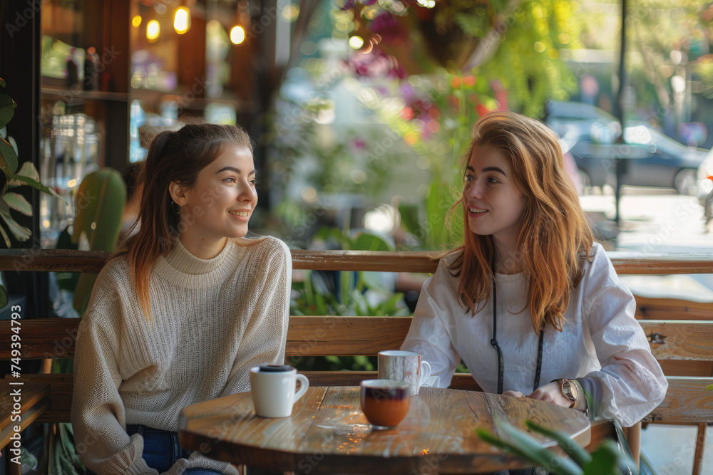 Portrait of attractive two young woman sitting and chilling at a the outdoor coffee shop
