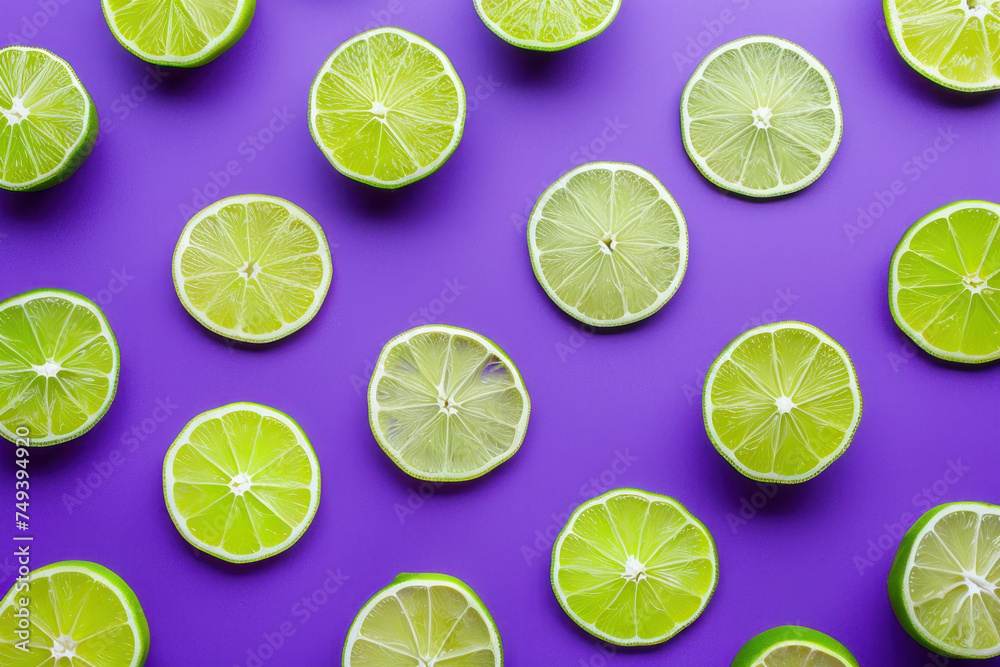 Slices of fresh lime on a vibrant purple background, viewed from above in a flat lay style