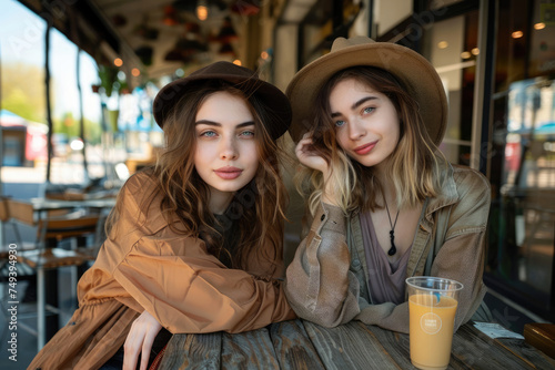 Portrait of attractive two young woman sitting and chilling at a the outdoor coffee shop
