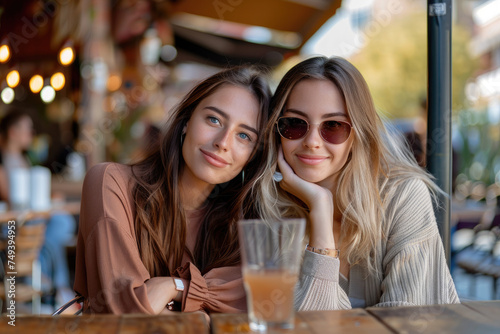 Portrait of attractive two young woman sitting and chilling at a the outdoor coffee shop © Kien
