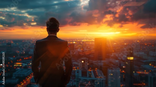 Back view of a contemplative businessman gazing at a vibrant urban sunset from a high-rise building.