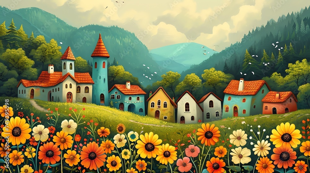 Enchanted Spring Village Illustration