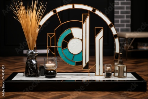 geometric high-tech 3D background with glass and wooden elements in white, gold, turquoise, black colors