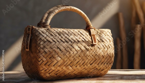 a 3D rendering of a wooden woven bag or wicker bag, paying attention to realistic textures and shadows. Place the bag in a well-lit environment to enhance the details. 