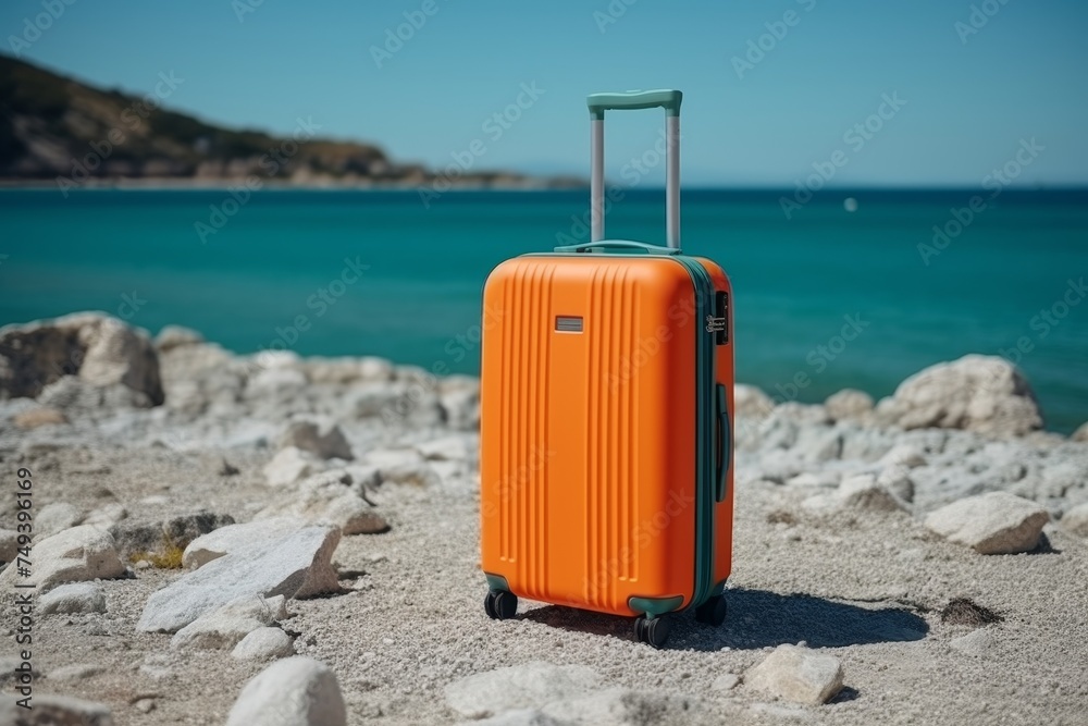 Modern vibrant suitcase on sandy beach by sea, with space for text. Conceptualize travel tourism.