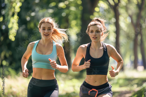 Two young athletic woman friends during running workout in the park, healthy fitness woman jogging outdoors