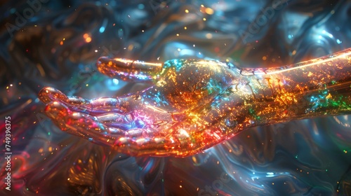 A diamond-coated prosthetic hand reaches out, bending spacetime in a kaleidoscope of colors