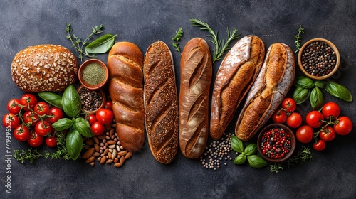 Vibrant flatlay of freshly baked bread and buns, arranged alongside colorful herbs and spices for