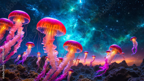 a group of translucent neon glowing jelly fish floating through space, nebula galaxy, vibrant colours, universe, relaxing, stunning, celestial adventure, interstellar journey © aiximagination
