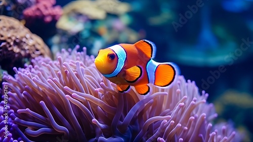 Amphiprion ocellaris clownfish in marine aquarium. Orange corals in the background. Colorful pattern, texture, wallpaper, panoramic underwater view. Concept art, graphic resources, macro photography © Elchin Abilov