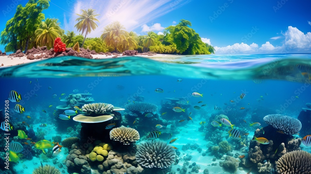 Beautifiul underwater panoramic view with tropical fish and coral reefs