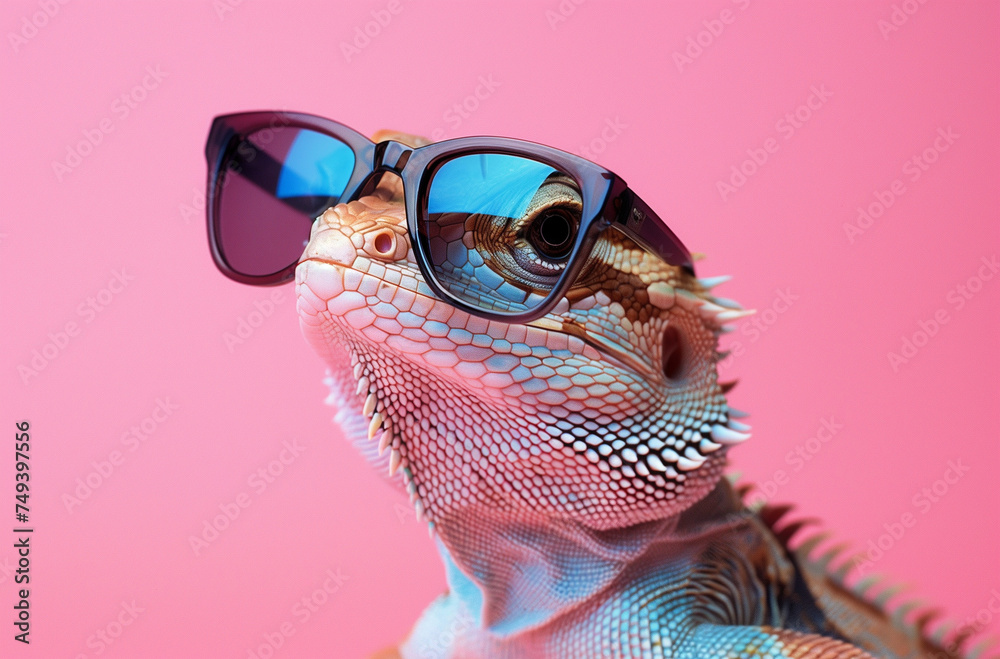 Stylish Bearded Dragon Wearing Sunglasses on Pink Background