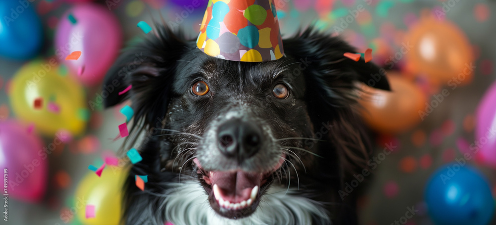 Party Dog with Colorful Hat and Confetti