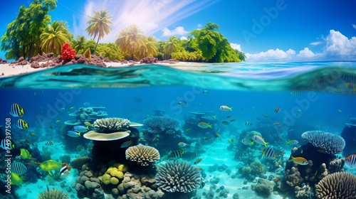 Beautifiul underwater panoramic view with tropical fish and coral reefs © Elchin Abilov