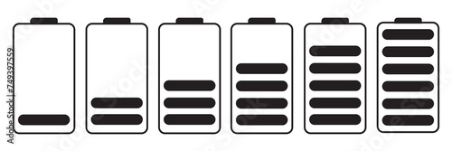 Set of vertical battery level indicators in percentage vector. Battery indicator symbols. 0-100 percent. Vector illustration, eps10