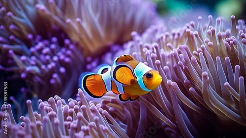 Colorful Clownfish hiding in their host anemone on a tropical coral reef