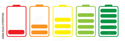 Battery charge many color flat icons. Battery charging, charge indicator. Vector battery power icon powerfully charged. EPS 10