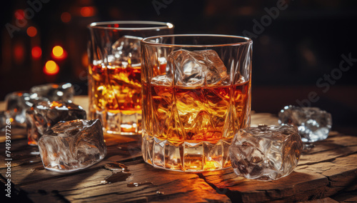 Glass of whiskey on an old wooden table. Alcohol drink, splash, ice cube..