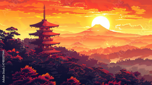 Beautiful scenic view of temple in japan during sunrise in landscape comic style.
