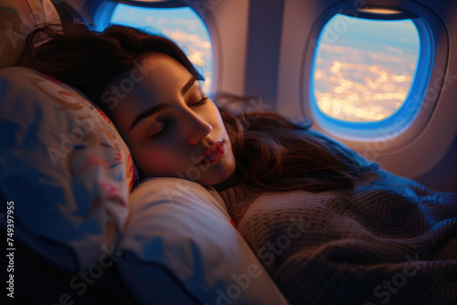 Young woman passenger sleeping on a flight in the business class cabin photo