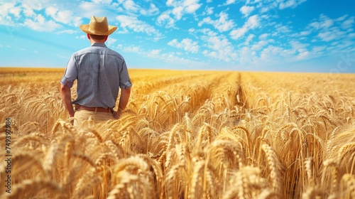 A farmer stands proudly in a field of golden wheat. and a bright blue sky agricultural industry. © นาย ปริญญา ลัยนันทะ