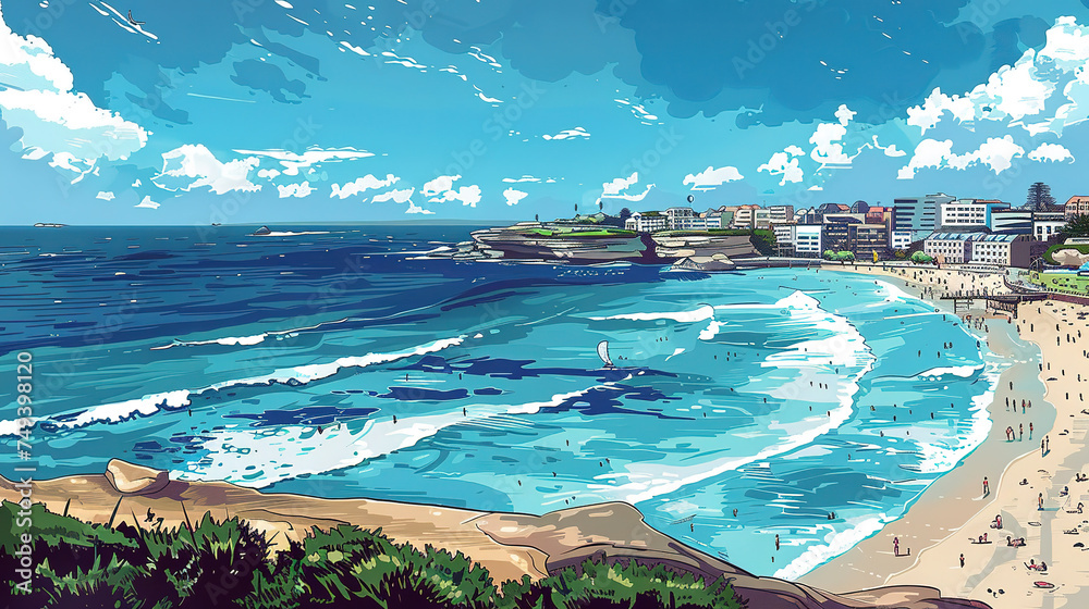 Beautiful scenic view of bondi beach in australia in landscape comic style.
