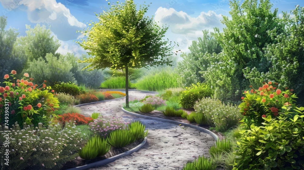 This charming illustration depicts a winding garden path leading through a colorful landscape, celebrating the diversity of plant life.