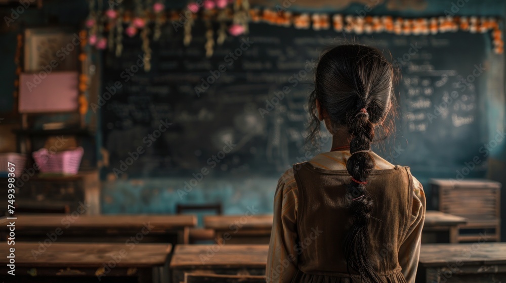 Rear view of Indian schoolchild looking at blackboard in classroom - obrazy, fototapety, plakaty 