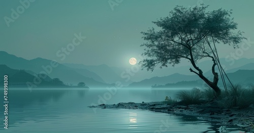 The bamboo tree is on the right corner of the clear lake  the moon in the middle radiates gentle light  in the distance is a dim mountain range