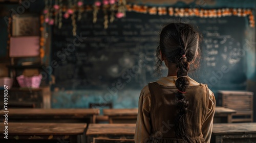 Rear view of Indian schoolchild looking at blackboard in classroom photo