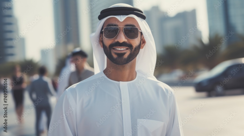 Arab businessman in Dubai stands confidently and with a smile, city background with tall buildings Arab businessman in Dubai stands confidently and with a smile, city background with tall buildings