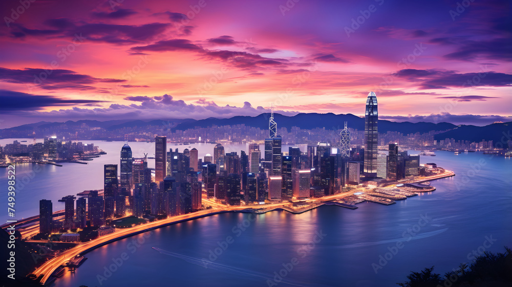 Elevated View of Illuminated Cityscape Against Purple Sky at Dusk - Urban Life Melds with Nature