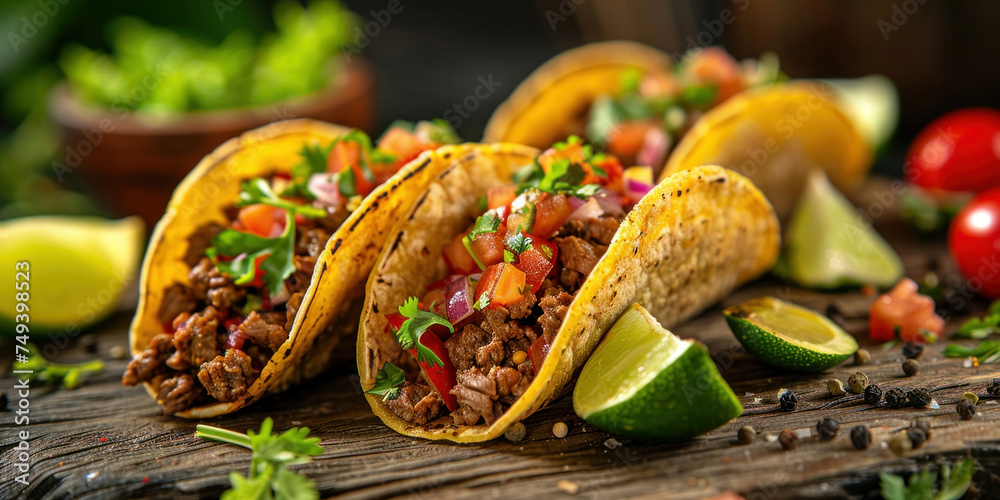 Freshly made tacos with a variety of colorful vegetables, succulent meat, and zesty lime wedges on a rustic wooden cutting board