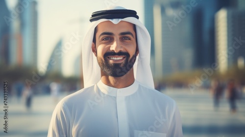Arab businessman in Dubai stands confidently and with a smile, city background with tall buildings