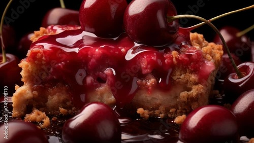 Delicious piece of cake with cherries on top. Perfect for bakery or dessert concepts. photo