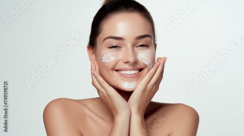 Beautiful young woman applies moisturizing cream on her hands. Portrait of a smiling woman with perfect skin on a light background.