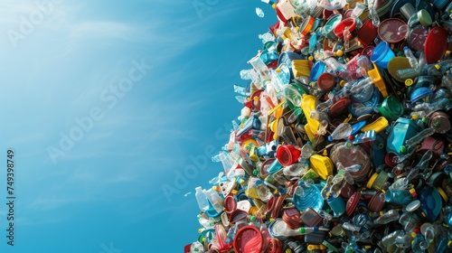 An arresting mountain of plastic waste under a clear blue sky  symbolizing the overwhelming scale of pollution contrasting with natural beauty.