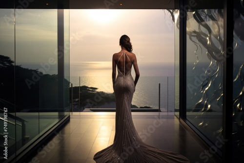 Beautiful woman in an expensive dress in a modern house overlooking the sea