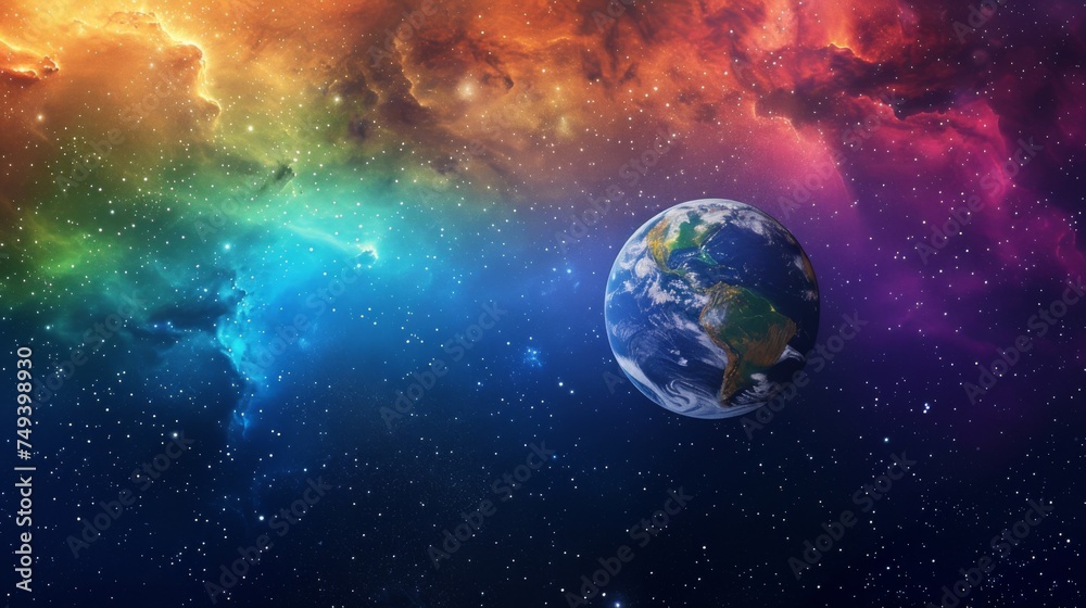 Obraz premium A vibrant Earth against a backdrop of a cosmic color spectrum, celebrating the beauty and diversity of the planet on Earth Day.