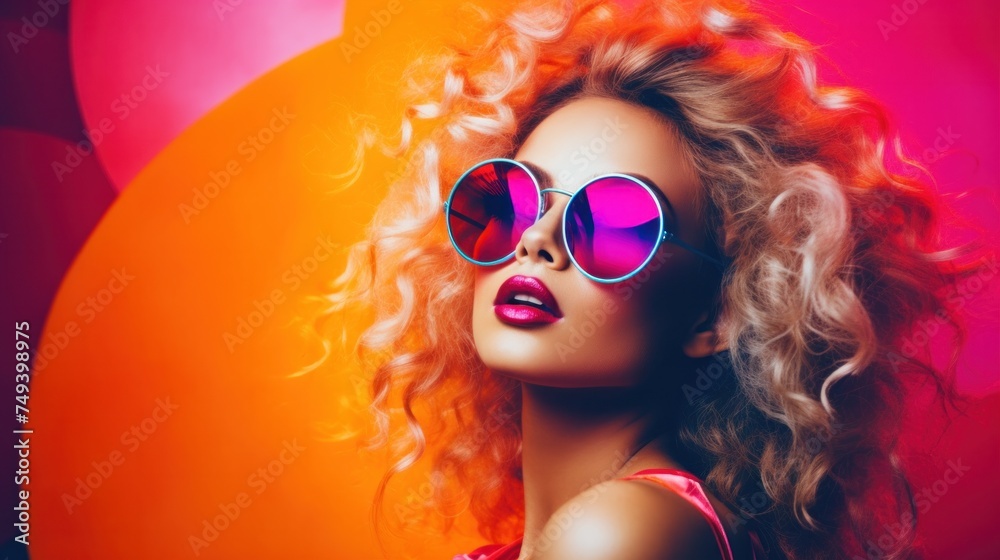 Beautiful young blonde woman wearing headphones and on a colorful background. Beautiful young blonde woman wearing headphones and on a colorful background.