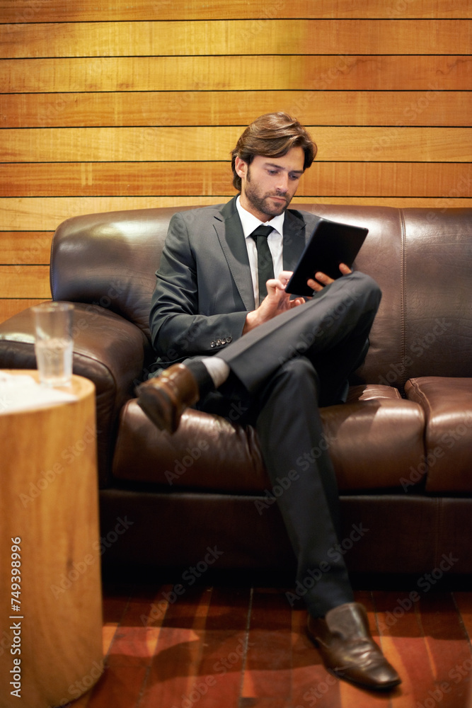 Businessman, office and lobby for tablet, scroll and formal for job and workplace in corporate. Professional male person, browsing and research for company, startup and online in accounting firm Businessman, office and lobby for tablet, scroll and formal for job and workplace in corporate. Professional male person, browsing and research for company, startup and online in accounting firm