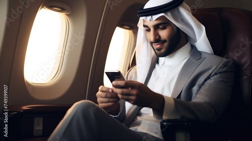 arabian businessman holding credit card using mobile phone, shopping online sitting in airplane. photo