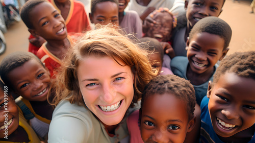 Happy African children with a white woman, looking at the camera