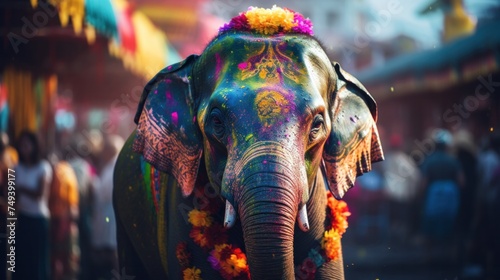 Decorated elephants at the annual Elephant Festival in India covered in Holi colors. Holi Festival. Travel. © ORG